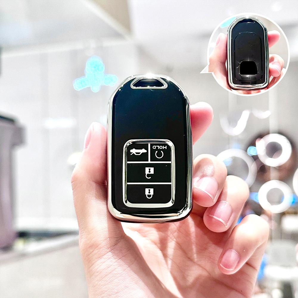 

4 кнопки Серебристая окантовка ТПУ для Honda Jazz BRV BR-V HRV Vezel City Civic Чехол для ключа дистанционного управления автомобиля Бесключевой корпус Брелок Защитник Аксессуары чёрный