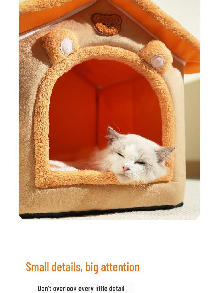 House Cat & Small Dog Winter Teddy House with Detachable, Washable Pet Mat - Warm Four Seasons Enclosed Bed