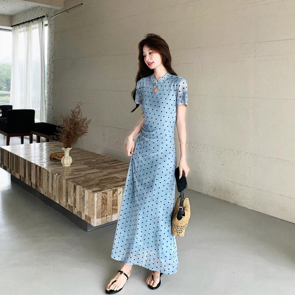 French elegant polka dot dress for women, new summer elegant stand collar, waist-cinching slimming gentle short-sleeved long dress