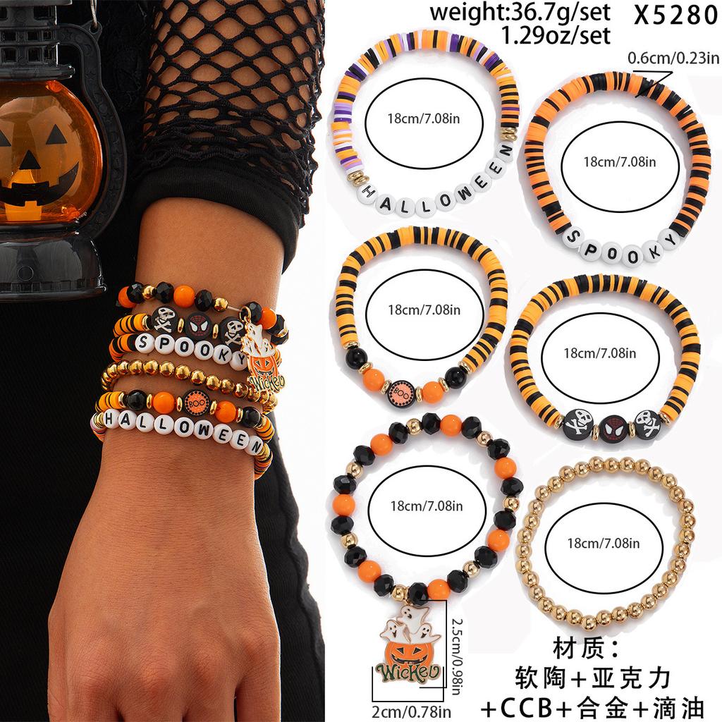 Halloween Skull Pumpkin Bracelet Set Dark Witch Spider Mixed Color Beaded Funny Bracelet