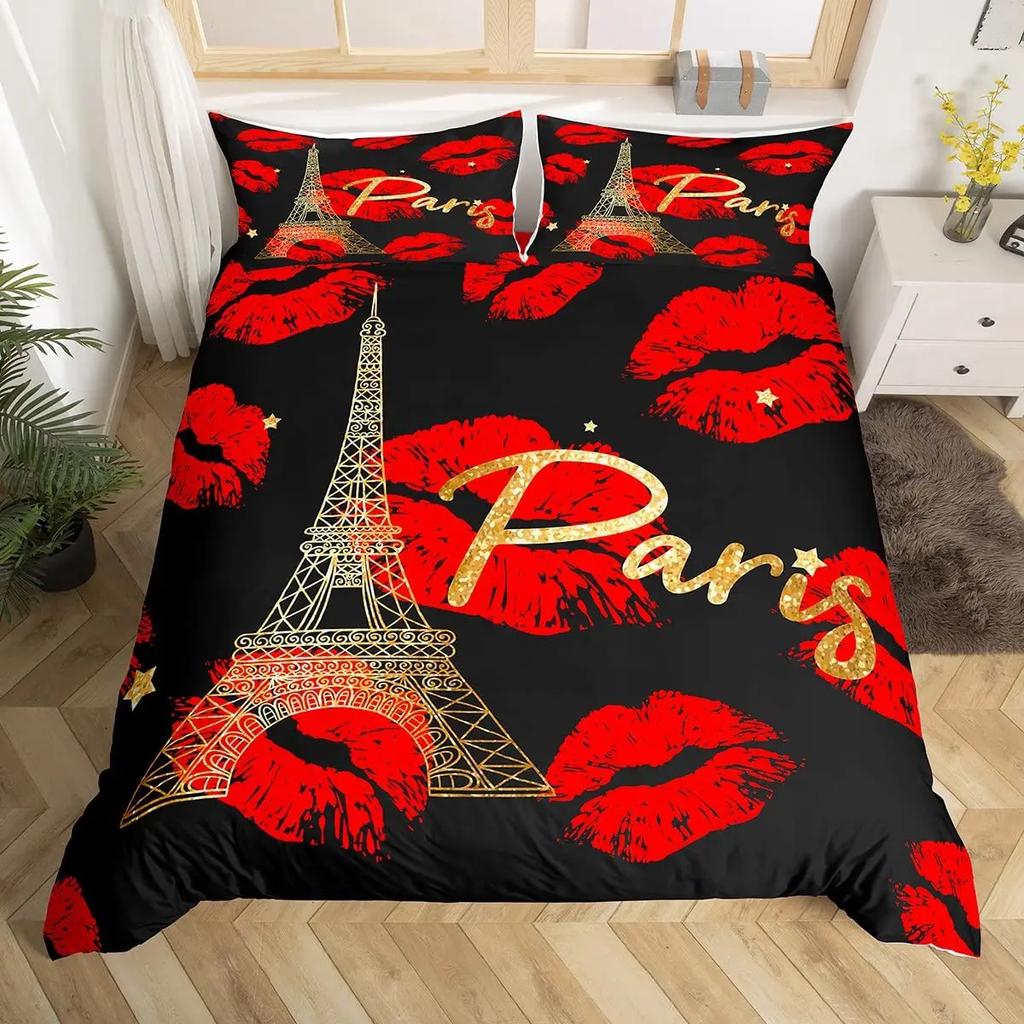 Paris Bettbezug-Set Queen Size Eiffelturm Bettwäsche-Set Mädchen Schwarz und Rosa Paris Deckenbezug Romantischer Französischer Bettdeckenbezug