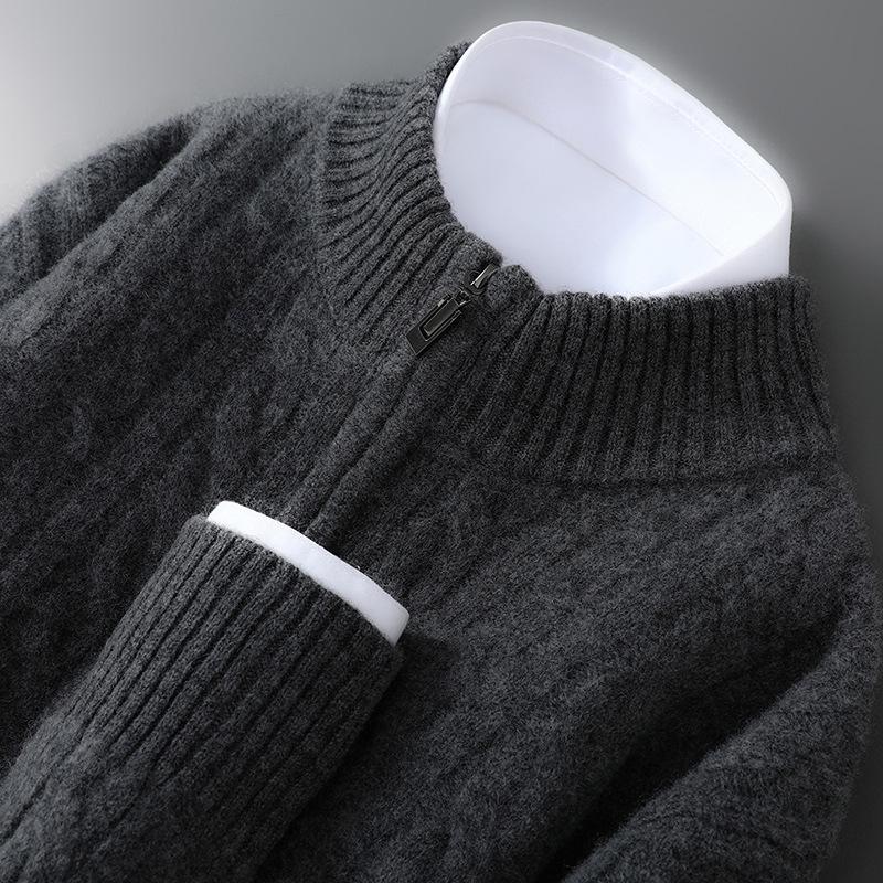 Men's Pure Wool Half-High Collar Cable Knit Zipper Sweater - Thick & Loose for Autumn/Winter