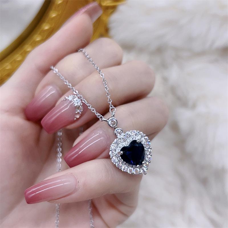 Women s Sapphire Heart Pendant Clavicle Chain with Colored Gemstones and Full Diamond Inlay