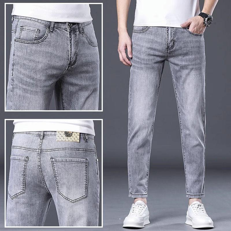 

Мужские джинсы 2025 Модный бренд Облегающие стрейч Высококлассные Корейский стиль Узкие брюки Слим Эффект похудения Молодежные Универсальные Повседневные Длинные брюки 36 светло-серый
