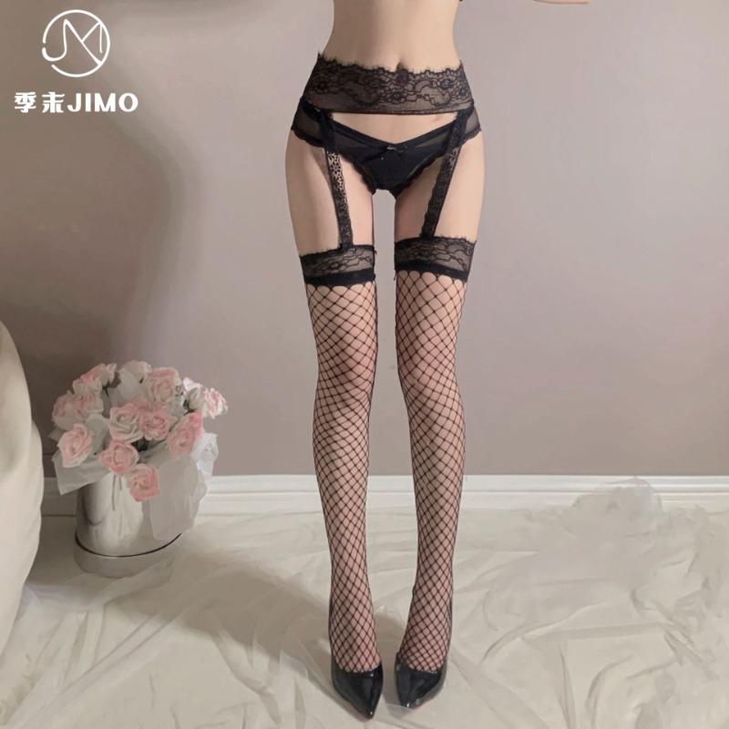 Sexy underwear mesh socks Sexy lace edge free suspender integrated jumpsuit stockings garter belt black silk set