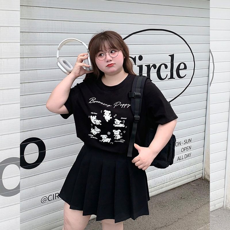 

Spicy Strip Plus size women clothing 2025 New Towel Embroidery Plush Puppy Slimming Fat Covering Fat Girl Shoulder Short sleeve T-shirt Black T-Shirt(Single Piece) L