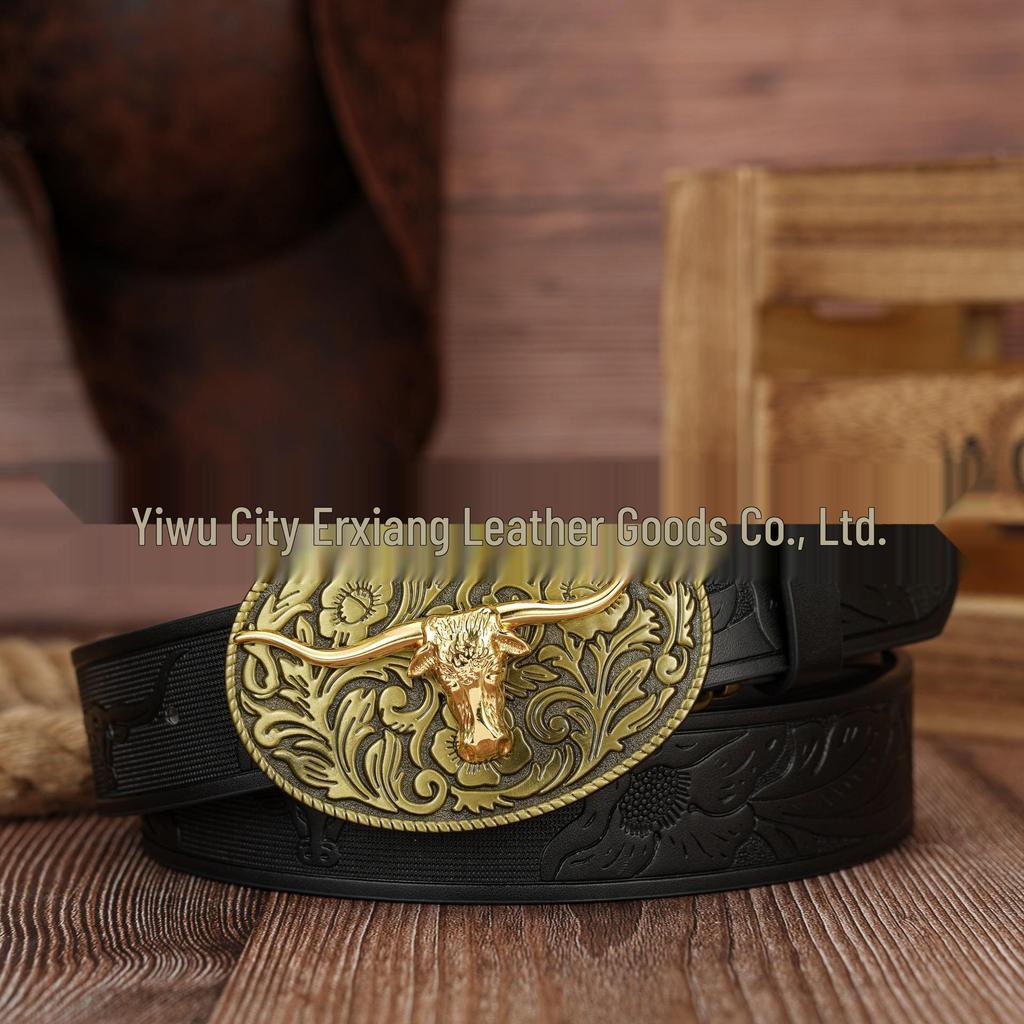 Cross Retro Green Leaf & Flower Embossed Leather Belt with Bronze Bull Head