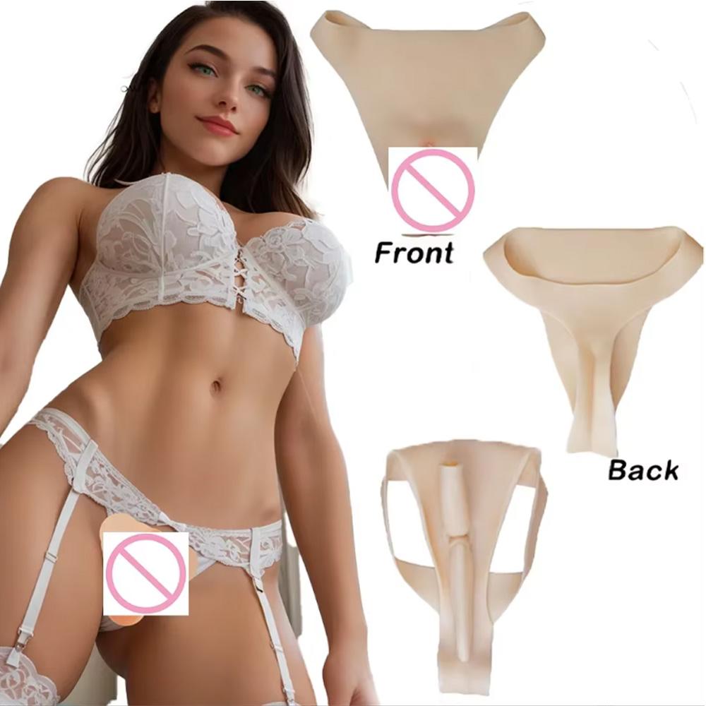 Silikon-Tanga mit künstlicher Vagina Dehnbarer T-Rücken Gaff Höschen für Crossdresser Sissy Cosplay Kostüm Unterwäsche