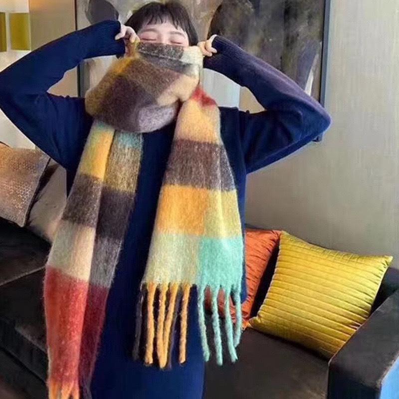Rainbow Colorful Tassel Scarf Ladies Chic Trend Women'S Scarves Imitation Cashmere Plaid Muffler Warm Thick Female Wrap