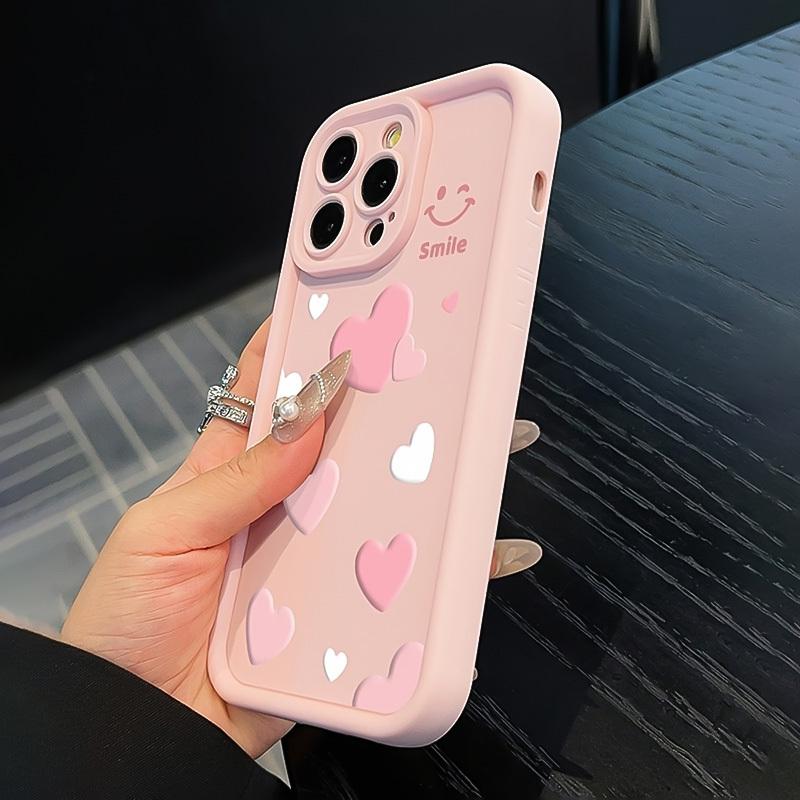 Pink Heart Happy Smiling Face Printed Phone Case For iPhone 17 Pro Max 16 15 14 13 12 11 XS X XR 16e Silicone Soft Cover