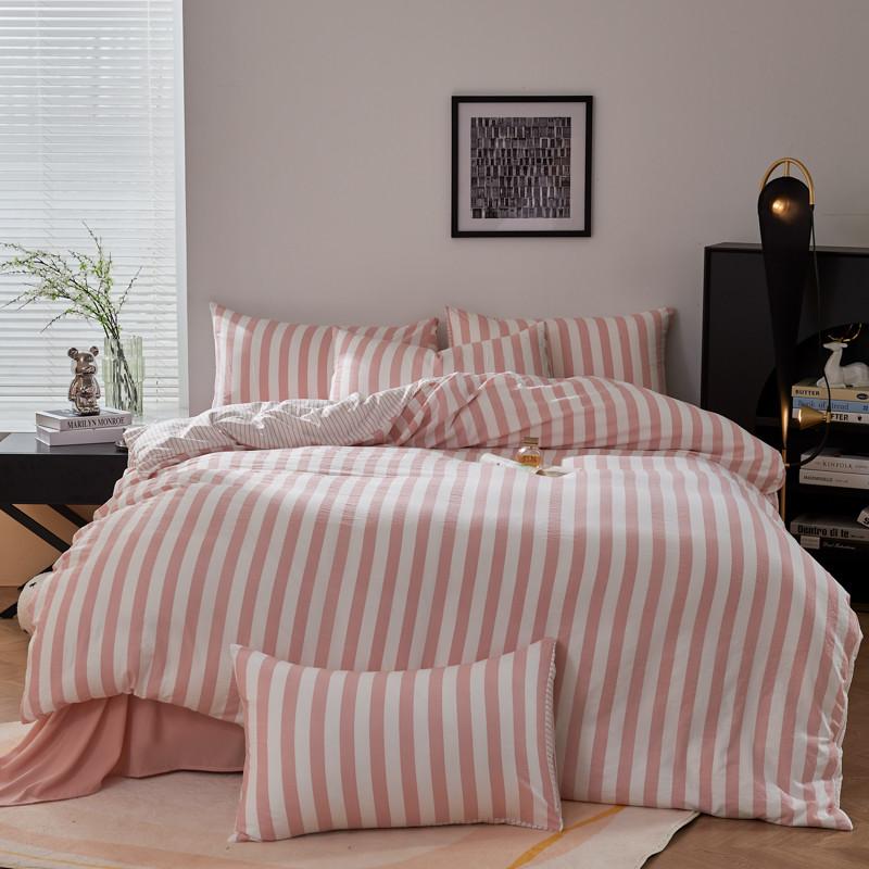 4Pcs Washed Microfiber Vertical striped colorful Bedding Set, Sweet Style Soft Duvet Cover with Zipper Flat Sheet Pillowcases