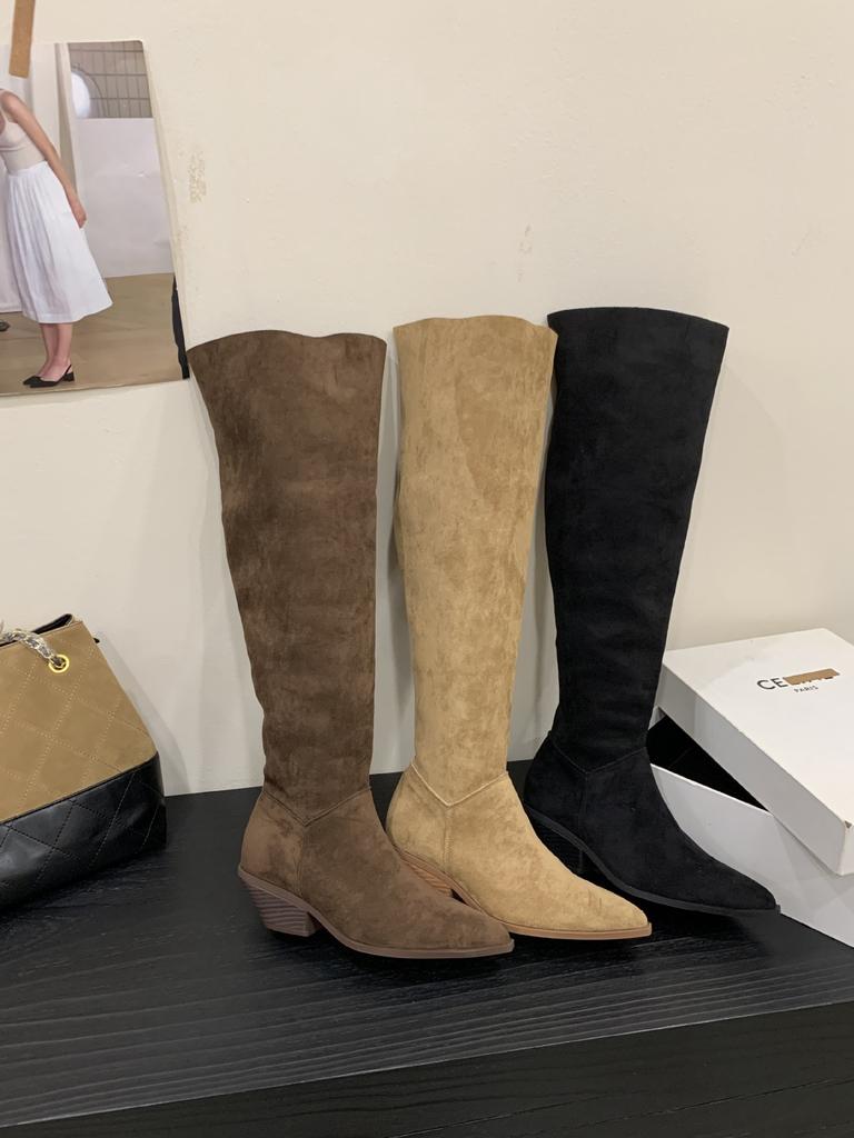 2025 Autumn and Winter New Big Tube Circumference Pointed Toe Over Knee Boots Thick Heel High Boots Medium Heel Boots Stacking Boots