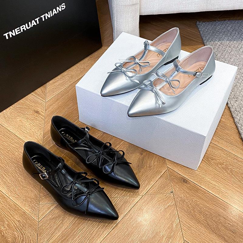 Fashion Pointed Toe Double Bowtie Flat Shoes Woman Silver Leather Ballet Flats Ankle Belt T-strap Moccasins Women Mary Janes Big Size 43