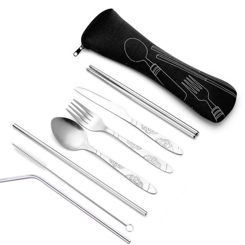 Stainless Steel Outdoor Cutlery Set: Knife, Fork, Spoon, Chopsticks, Straw with Peony Cloth Bag - 7 Pieces