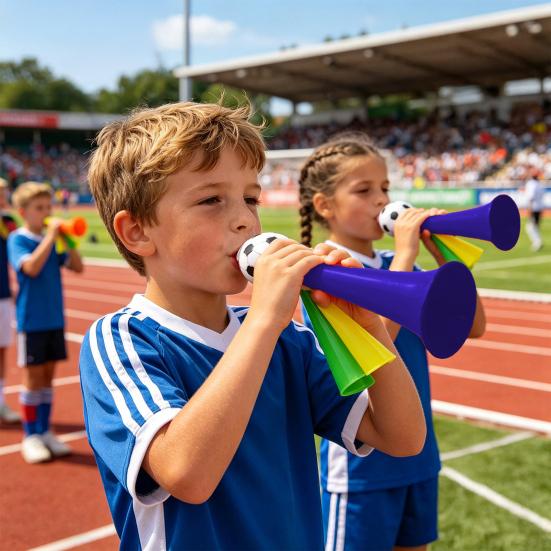 2Pcs Soccer Horn for Kids, 3 Tone Cheering Noise Maker for Sports Game, Handheld Football Shaped Trumpet for Stadium, Fan Party Supplies