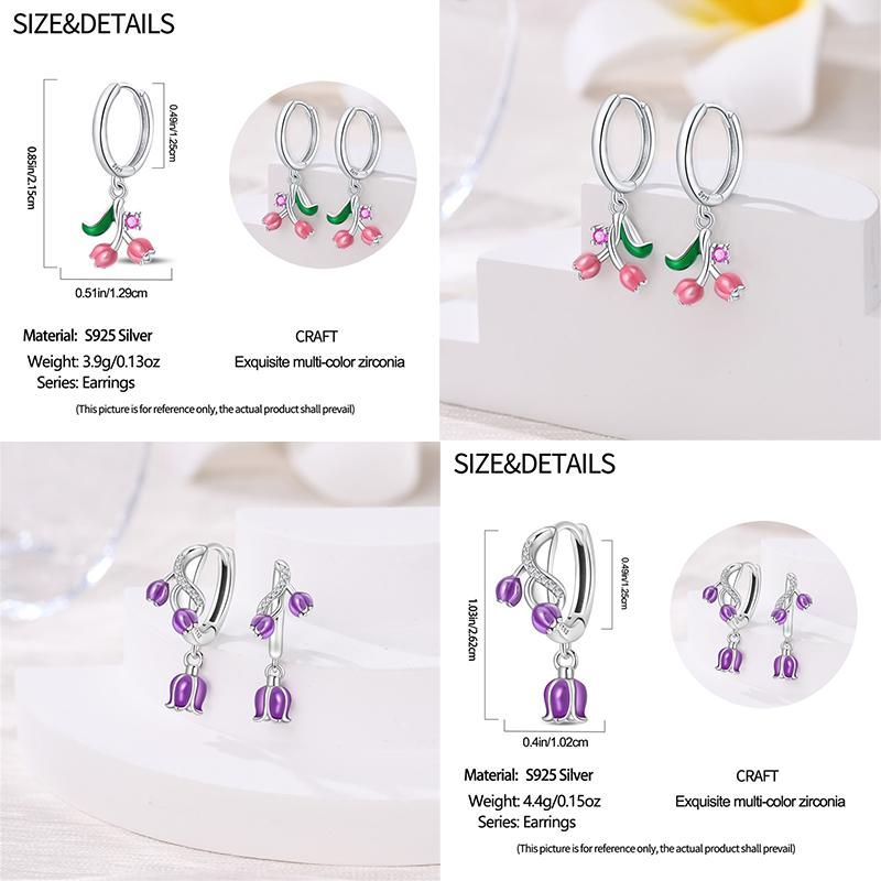 Early Spring 925 Silver Pink Tulip Sunflower Butterfly Grape Sweet Fresh Earrings Fit For Engagement Fine Jewelry Gifts