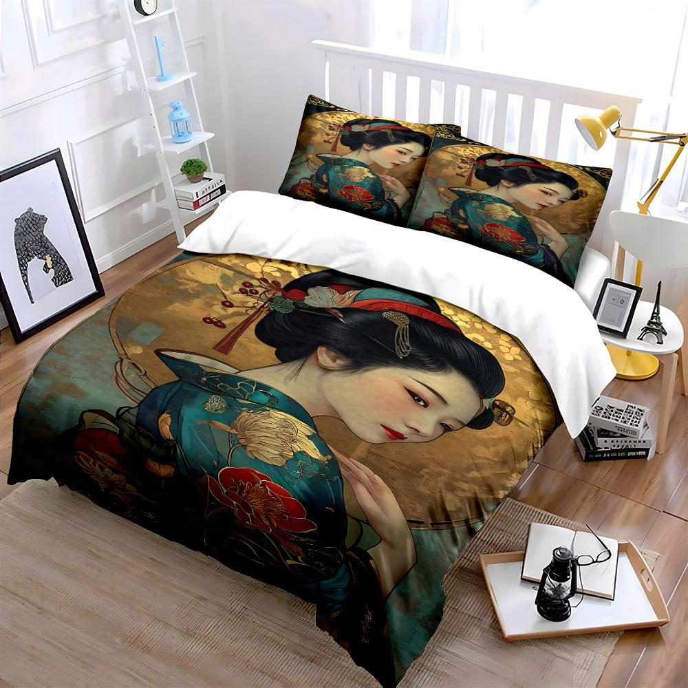 Geisha portrait with flowers. Bedding sets Duvet cover sets Duvet covers Pillowcases(1 * Duvet Cover 2 * Pillowcases without duvet insert)