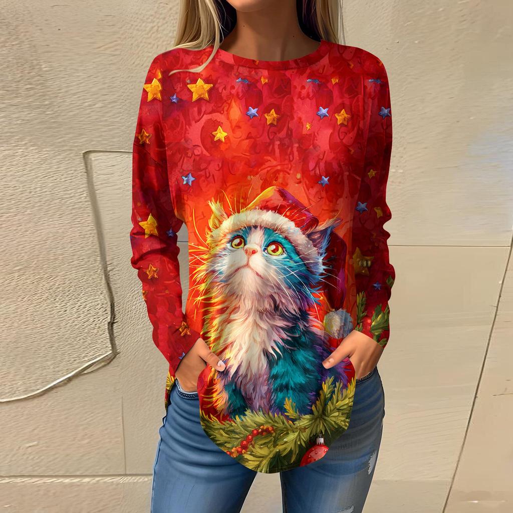 Tee Shirts For Women Casual Round Neck Long Sleeve Shirts Christmas Printing Top Pullover