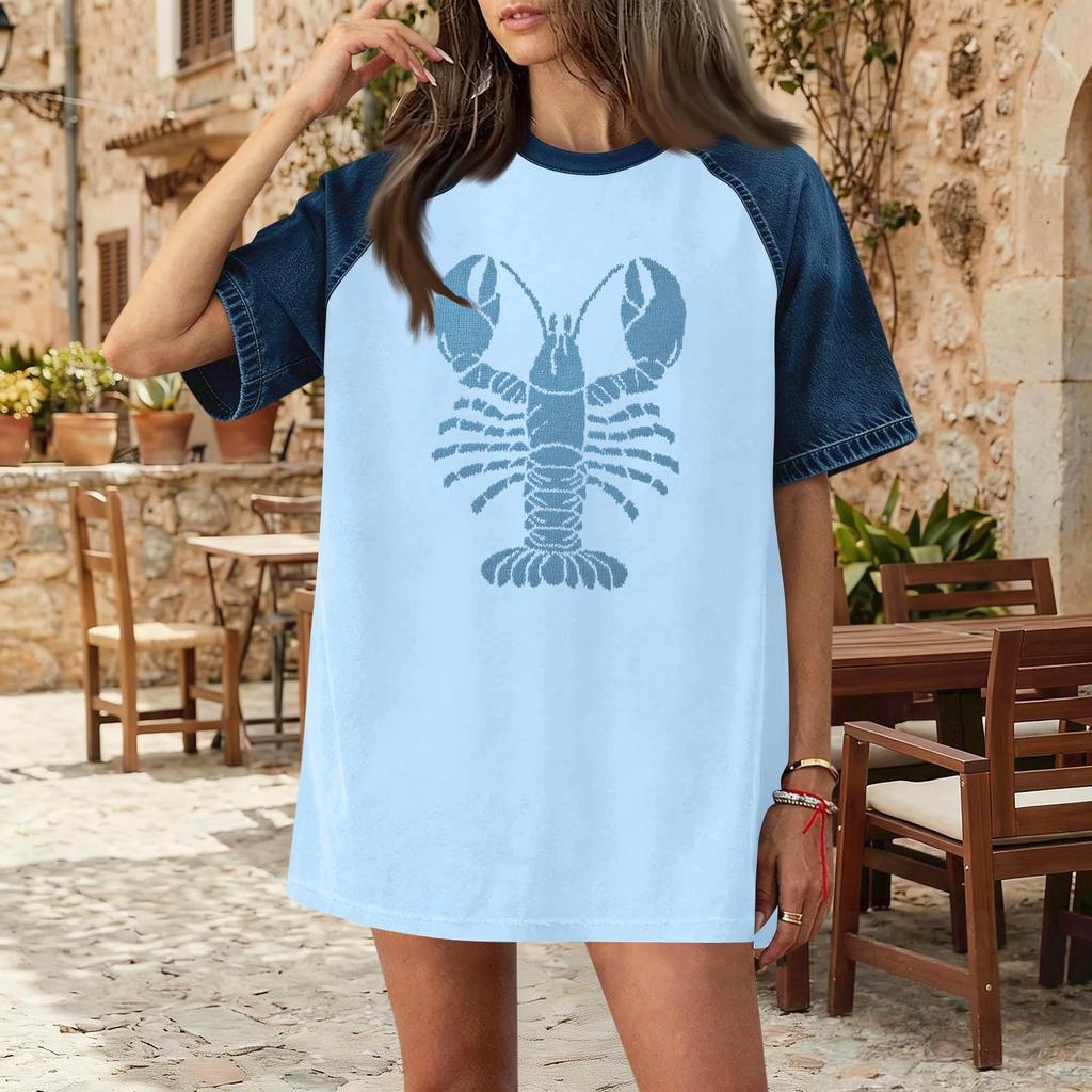 Women Casual Denim Patchwork Short Sleeve T Shirt Summer Spring Fashion Comfortable Loose Fit Crew Neck Top with Lobster Print