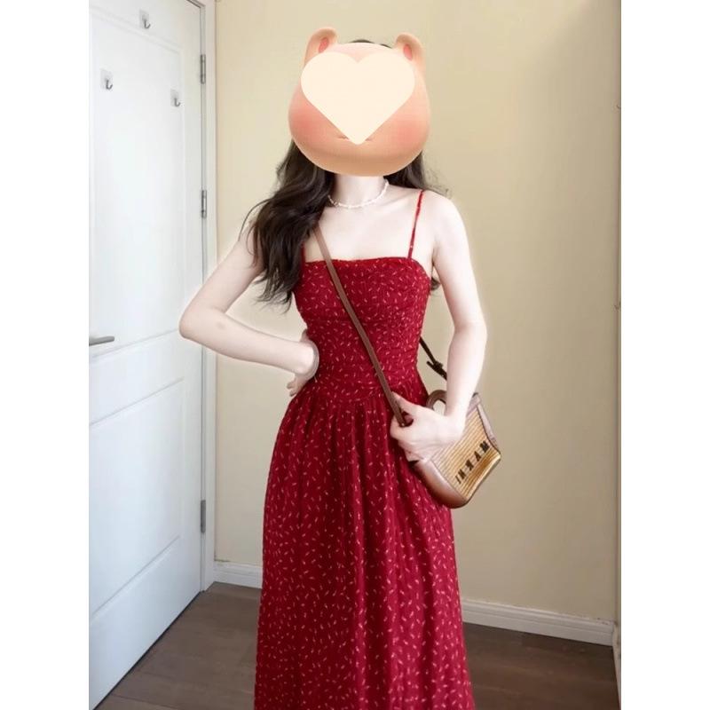 Retro Red Floral Suspender Dress for Children's Summer New Seaside Vacation Style Waist Dress