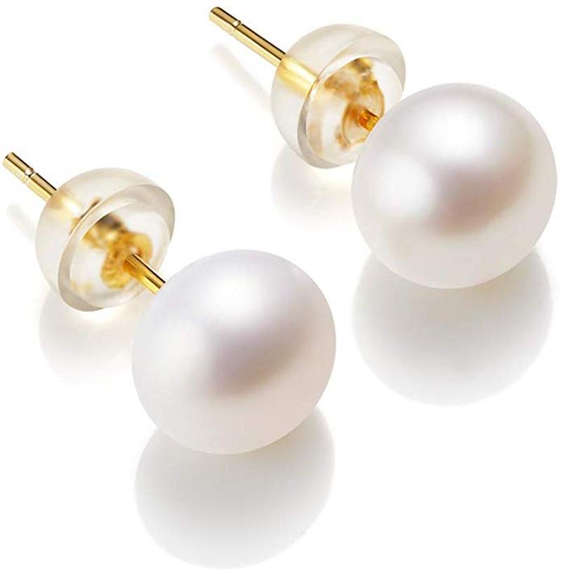 Dainashi High Quality 925silver Gold Color 8 -9mm Bread Round Freshwater Cultured Pearl Stud Earrings For Women Birthday Gift