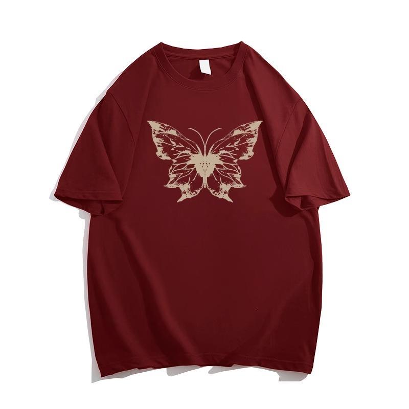 

Cotton heavy shoulder short-sleeved t-shirt women s summer new American high-end Hong Kong-style chic half-sleeved XXXL вина червоного кольору