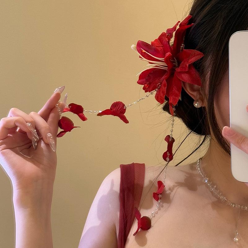 Flower Duckbill Clip Simulation Flower Hairpin Glass Beads Long Tassel Hairpin Girls Women Headdress Accessory