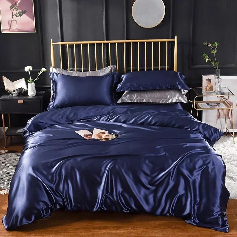 Hochwertiges Fleckenschutz-Bettwäsche-Set Doppelbett Imitation Seide Luxus-Bettwäsche-Set Queen Bequeme Seidige Deckenhülle Bettdeckenbezug-Set