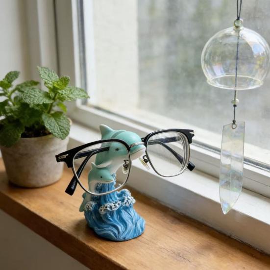 Dolphin Eyeglasses Holder, Coastal Style Glasses Stand with Blue Wave Design, Waterproof Resin Desktop Figurine Ornament for Study Desk Home Office &