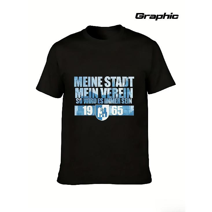 Forever Magdeburg M2 Men's German Football Fan T-Shirt- Black, Featuring a Light Blue Magdeburg Fan Club Logo And Slogan, And a 1:0 Victory Graphic