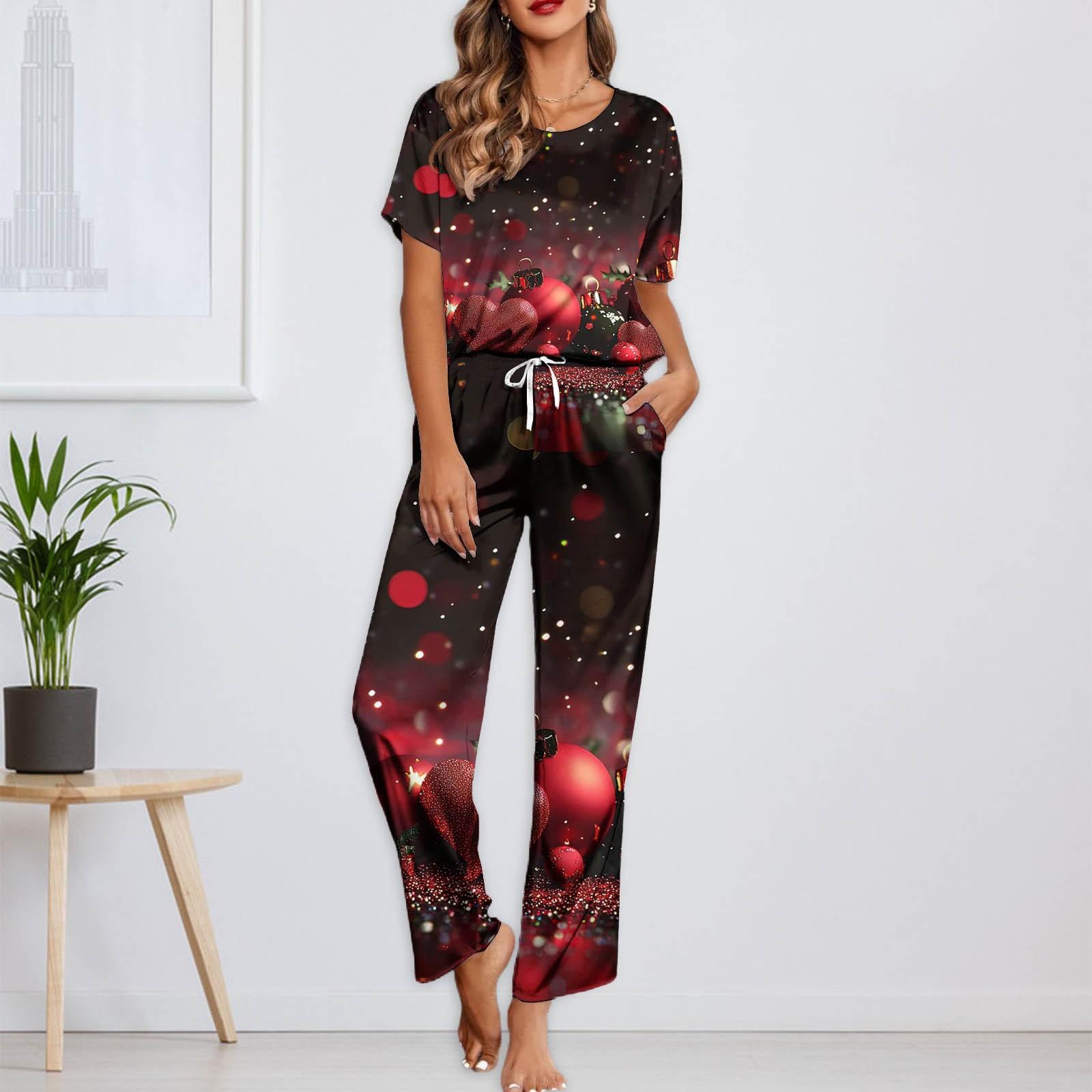 

Женский шелковый атласный пижамный комплект с рождественским принтом, рубашка с коротким рукавом и длинные пижамные штаны, мягкая домашняя одежда M чёрный