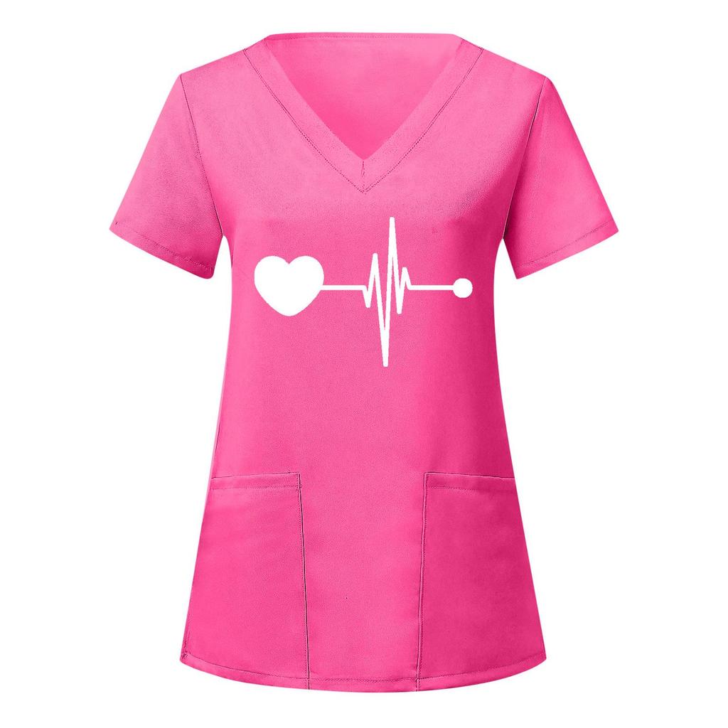 European and American Nurse Caregiver V-Neck Print Shirt with Large Pocket, Short Sleeve T-shirt for Women