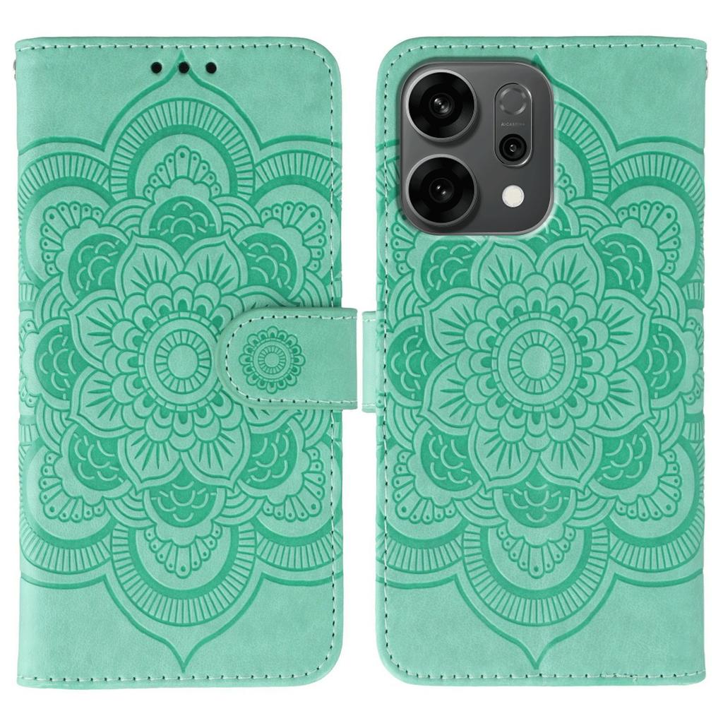 For Oppo Reno14 5G (Global) Case PU Leather Mandala Imprinted Design Wallet Phone Cover with Wrist Strap