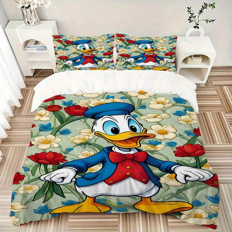 3pcs Donald Duck Floral Quilt Cover Set (1 Quilt Cover + 2 Pillowcases Without Pillow Core), High-Definition Printing for Home and Dormitory