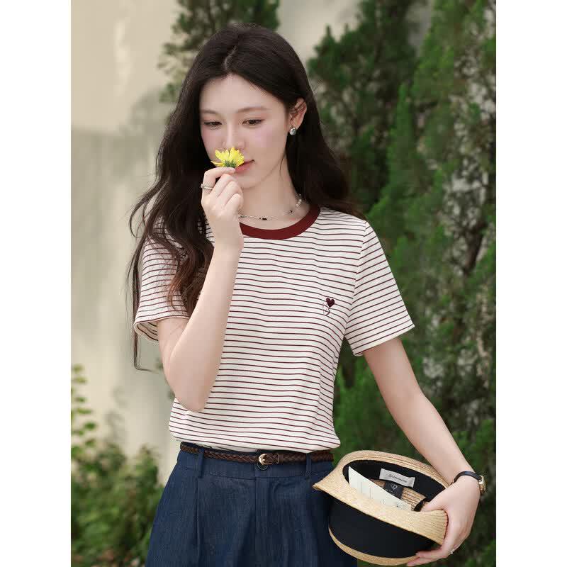 Lu Xiang Nan Women s Brick Red Striped Short Sleeve T-Shirt L