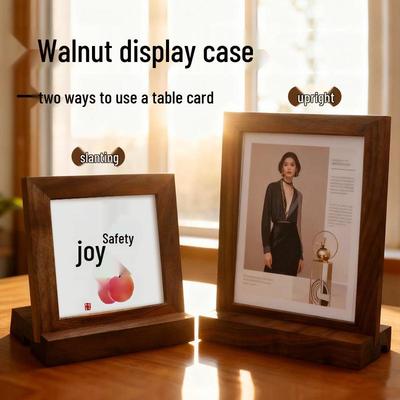 Walnut Wood Display Stand: Elegant Desktop Photo Frame & QR Code Table Card.