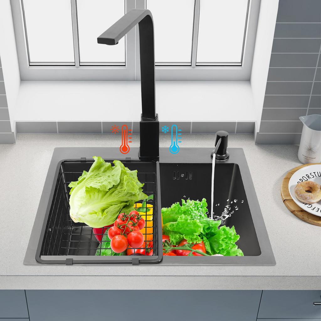 16x12 Inch Stainless Steel Kitchen Sink – 201 Stainless Steel with Nano Coating – Complete Set with Faucet, Soap Dispenser & Drain Basket – Black/Grey