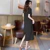 2026 summer new medium and long t-shirt loose and thin over the knee short-sleeved avocado green dress