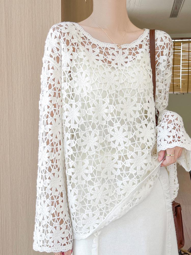 French Style Hollow Long Sleeve Cashmere Knit Sweater - Women's Autumn/Winter 2024 Collection Solid Color Top