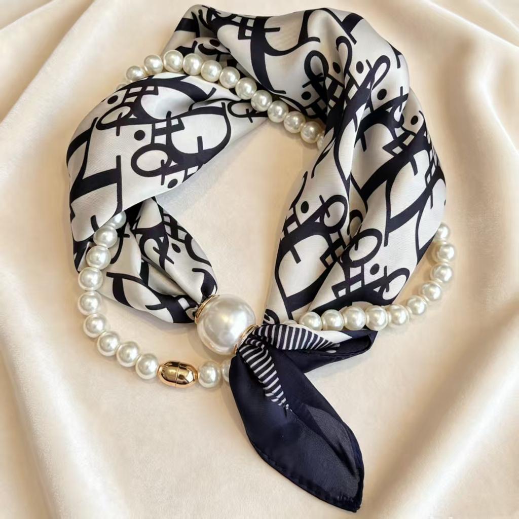 Popular Magnetic Buckle Pearl Necklace Silk Scarf Classic Striped Design Small Scarf Women's Protection Collar Anti-sun Thin Scarf