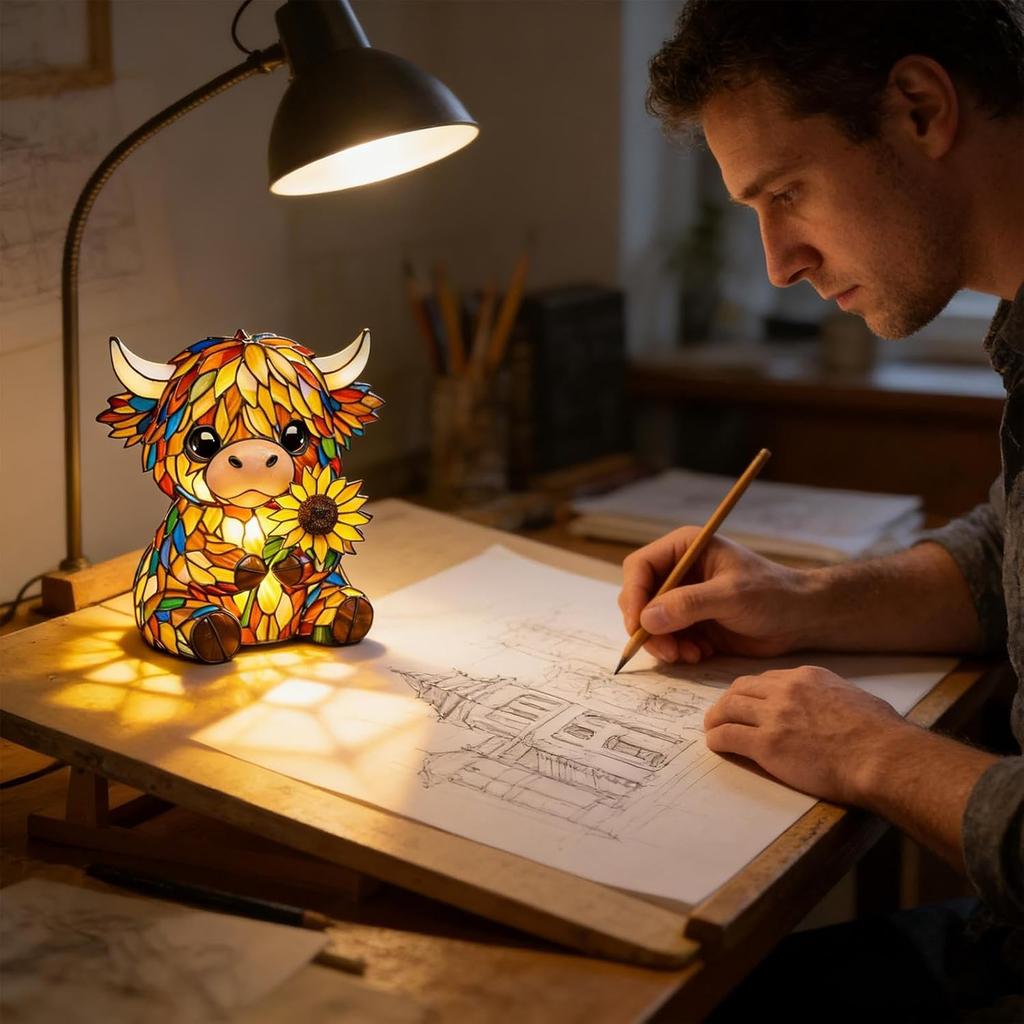 Sunflower Night Light Delicate Texture Cow Desk Lamp Led Night Light Hand-Painted Resin Animal Ornament For Children'S