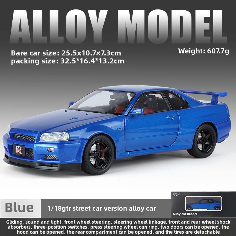 Big Size 1/18 Scale Nissan GT-R R34 Skyline Alloy Car Model Diecast Toy Car for Boys JDM Racing Car Toy Gift Collectible Hobby