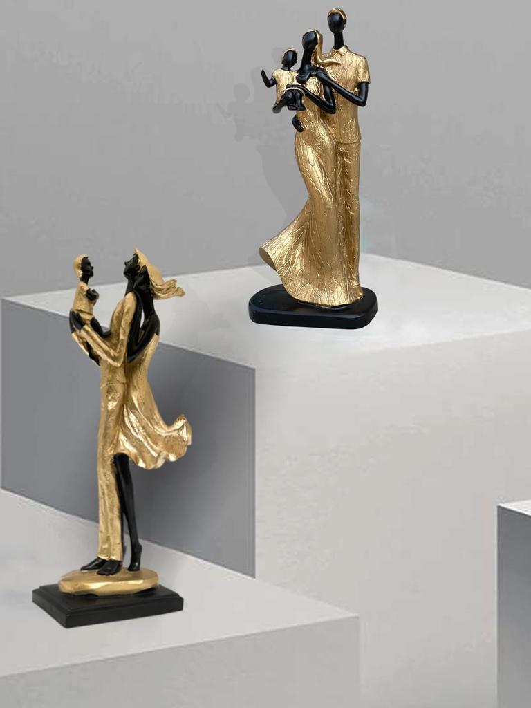 Stylish Golden Black Resin Couple Statues With Child For Home Décor, 2 Pcs