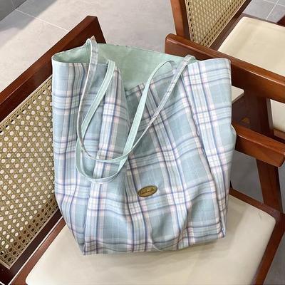 Spring and Summer New Fresh Mint Mambo Plaid Splicing Shoulder Bag Large Capacity Tote Bag Simple Dual-purpose Double-sided Bag