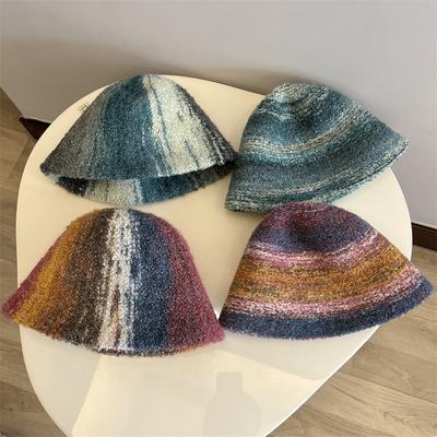 Winter bunter gemischtfarbiger Wollschlingen-Eimerhut Damen warmes Gesicht kleiner gestrickter Beckenhut