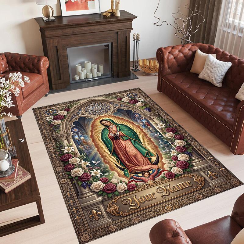 Virgin Mary Theme Crystal Velvet Rug Personalized Custom Name Text Soft Floor Mat Home Decor