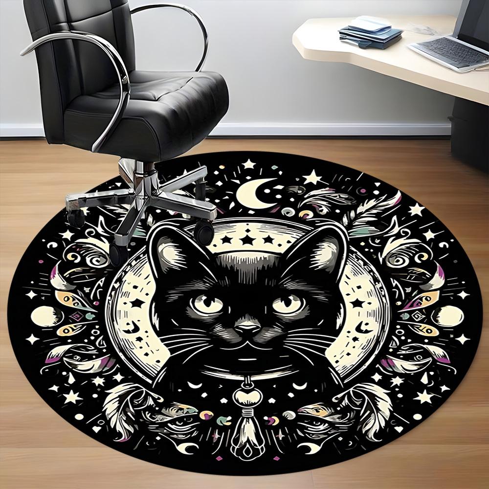 1 szt. Okrągły dywanik biurowy z kotem i księżycem, Mata odpowiednia do biura, Pod krzesła biurowe, Sypialni, Salonu, Wystroju domu, Dekoracja pokoju