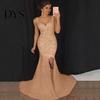 Women Fishtail Hem Dress Evening Deep V Neck Split Sequin Skinny Back Embellished Zipper Closure Sleeveless Prom Cocktail Party Floor Length Ball Gown