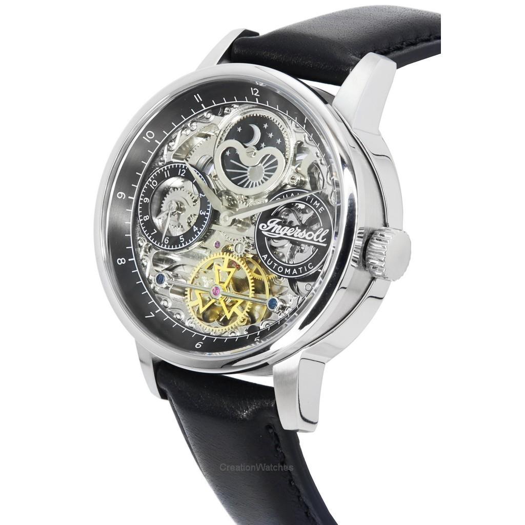 Ingersoll The Jazz Sun and Moon Phase Leather Strap Skeleton Silver Dial Automatic I07701 Mens Watch