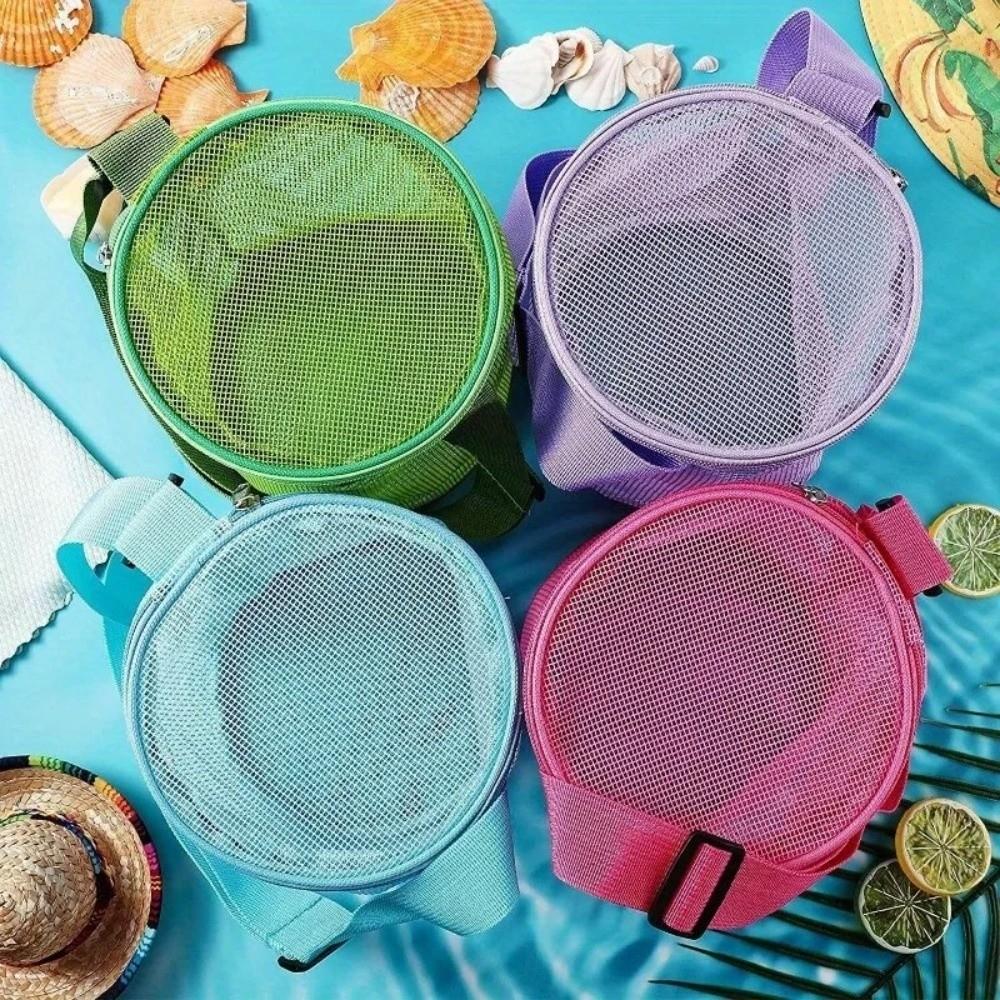Net Yarn Shell Storage Bag Round Shape Cosmetic Organizer Collection Bag Finishing Collection Adjustable Shoulder Strap